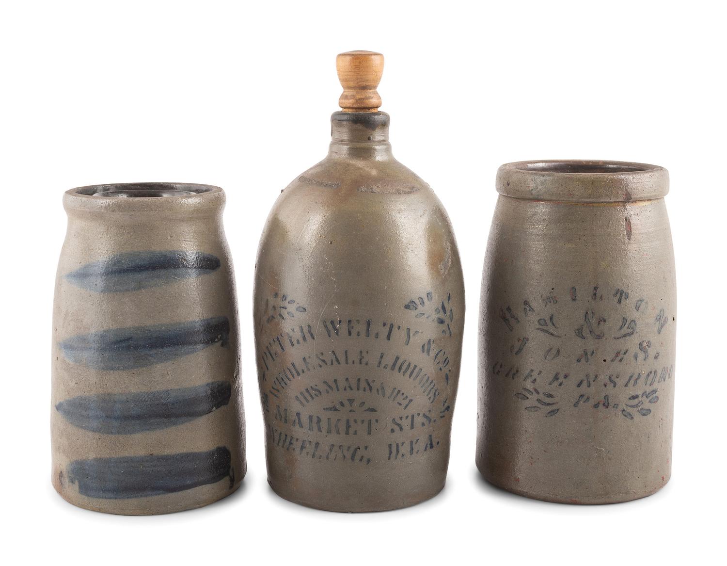 Two Cobalt-Decorated Stoneware Canners and Jug