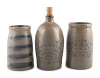 Two Cobalt-Decorated Stoneware Canners and Jug