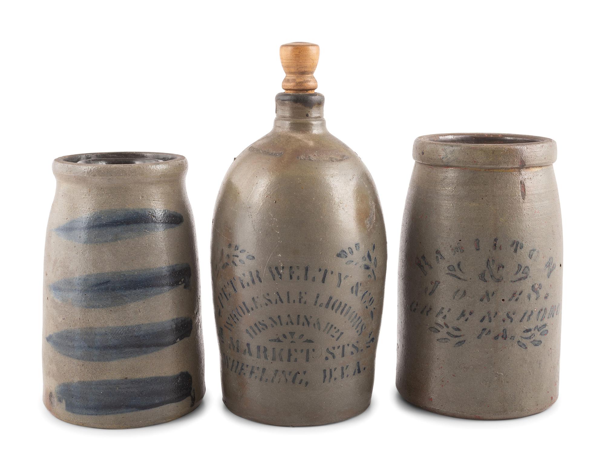 Two Cobalt-Decorated Stoneware Canners and Jug