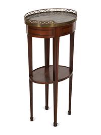 A French Empire Inlaid Mahogany Bouillotte Table with Marble Top and Brass Three-Quarter Gallery