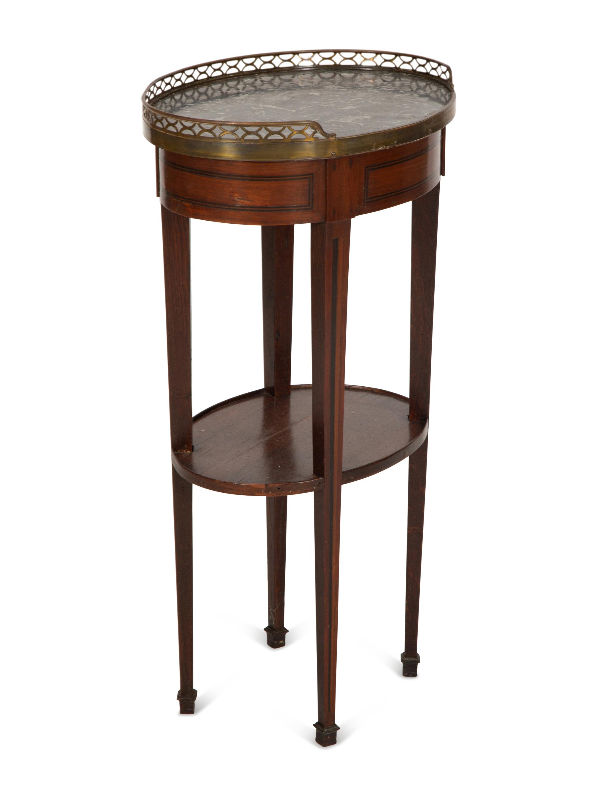 A French Empire Inlaid Mahogany Bouillotte Table with Marble Top and Brass Three-Quarter Gallery