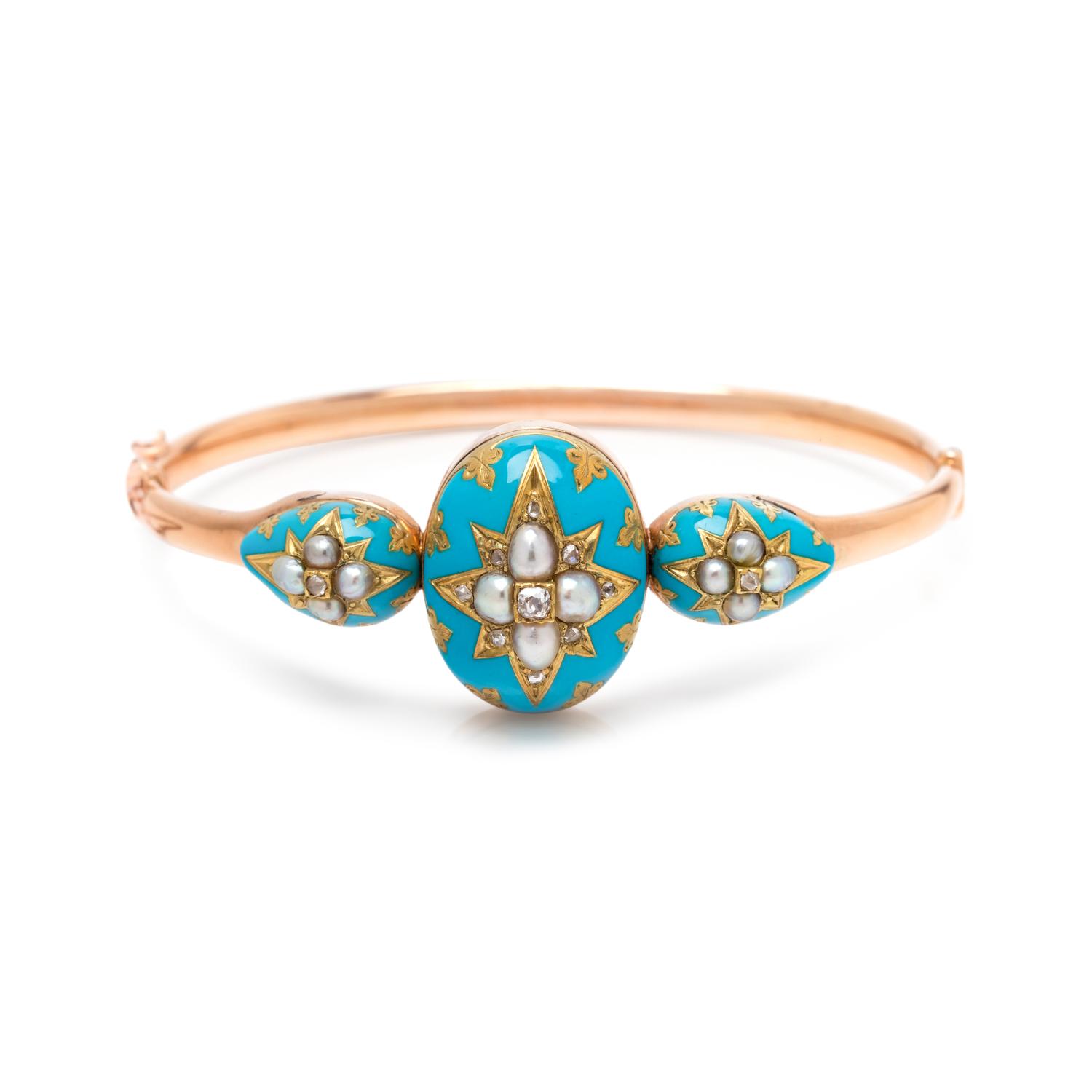 ANTIQUE, DIAMOND, PEARL AND ENAMEL BANGLE BRACELET