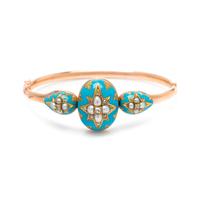 ANTIQUE, DIAMOND, PEARL AND ENAMEL BANGLE BRACELET