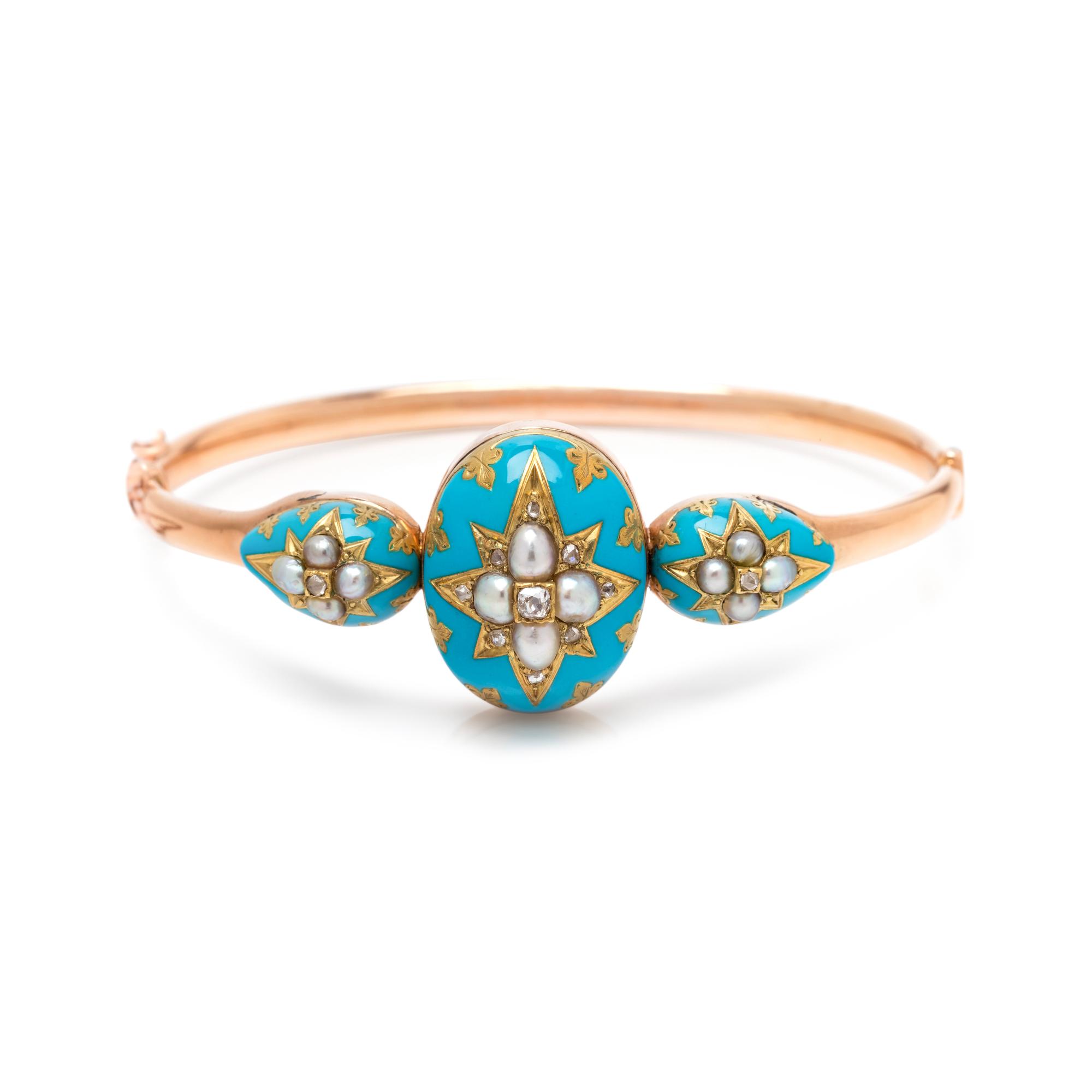 ANTIQUE, DIAMOND, PEARL AND ENAMEL BANGLE BRACELET