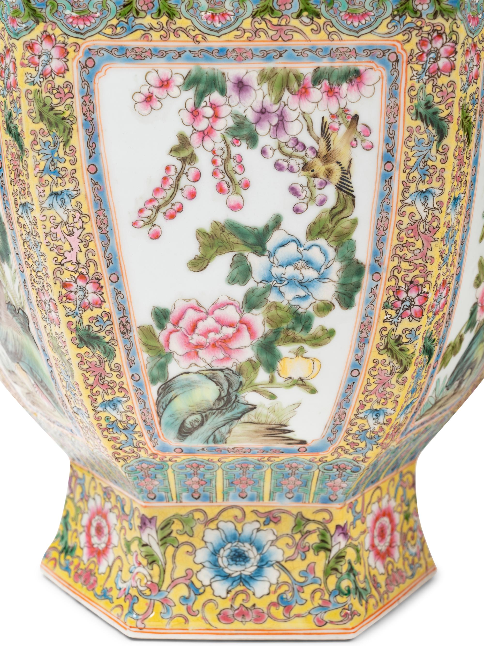 A Pair of Chinese Yellow Ground Famille Rose Porcelain Vases