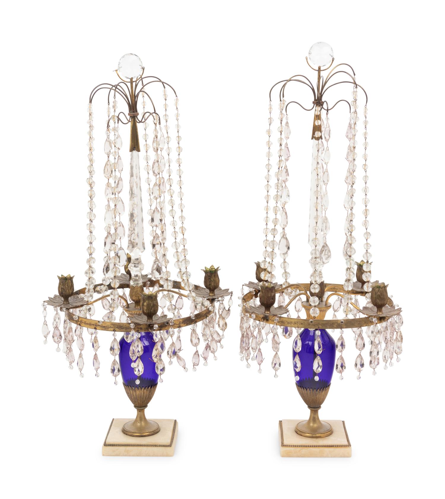 A Pair of Baltic Gilt Metal, Cobalt Glass and Alabaster Four-Light Candelabra