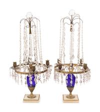 A Pair of Baltic Gilt Metal, Cobalt Glass and Alabaster Four-Light Candelabra