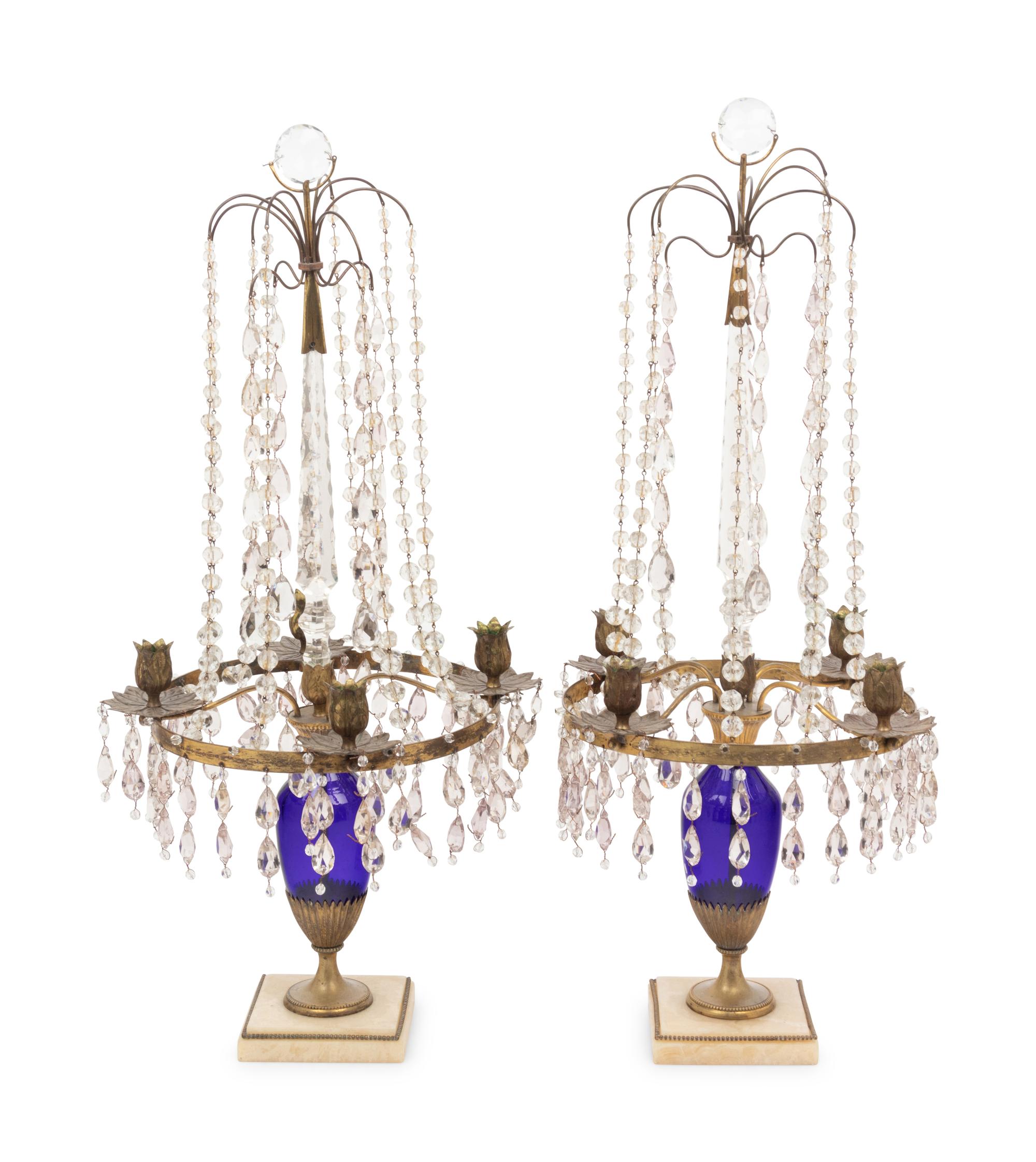 A Pair of Baltic Gilt Metal, Cobalt Glass and Alabaster Four-Light Candelabra