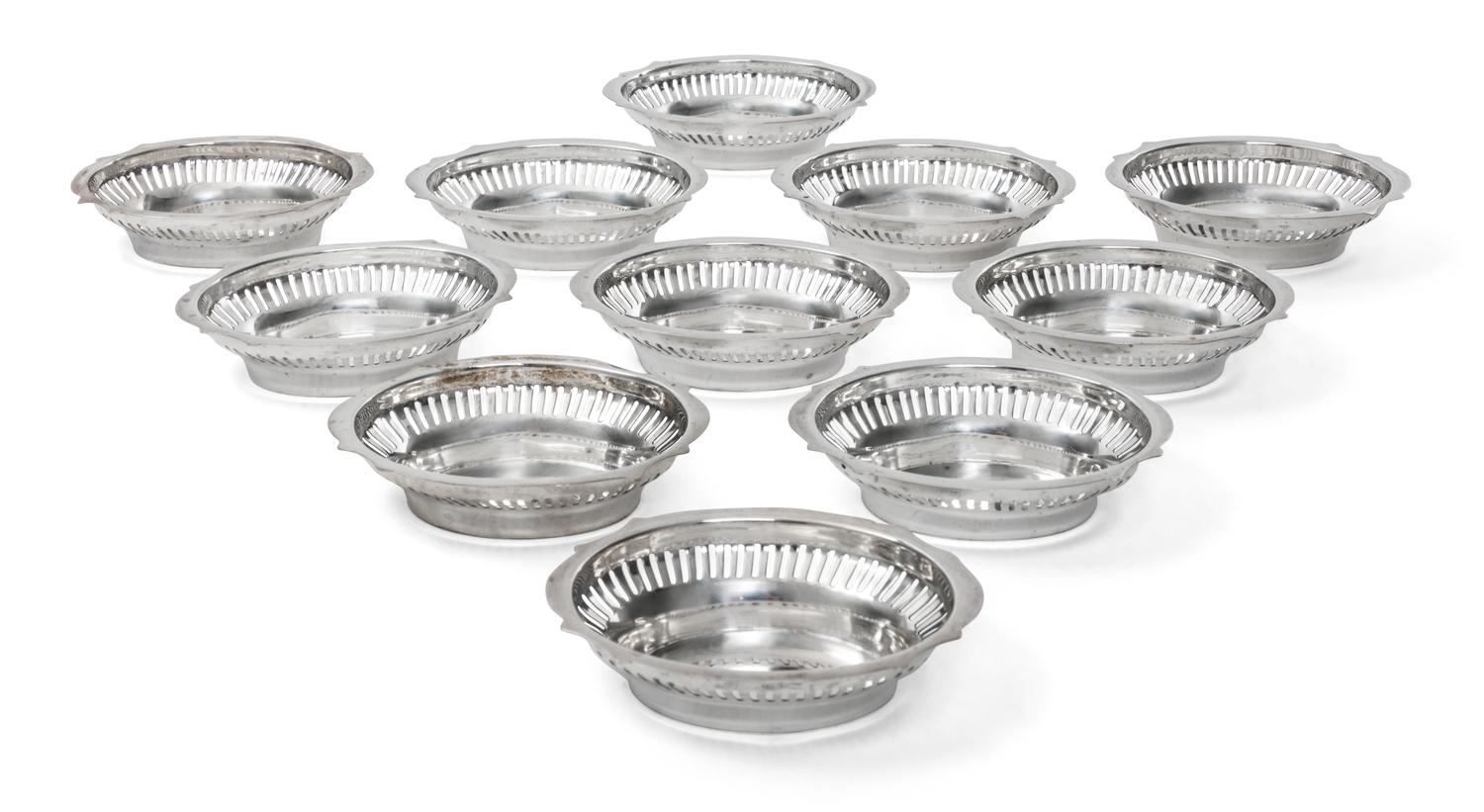 A Set of Eleven American Silver Nut Dishes, Gorham Mfg. Co., Providence, RI, each of shaped oval form with reticulated border, numbered
