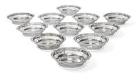 A Set of Eleven American Silver Nut Dishes, Gorham Mfg. Co., Providence, RI, each of shaped oval form with reticulated border, numbered