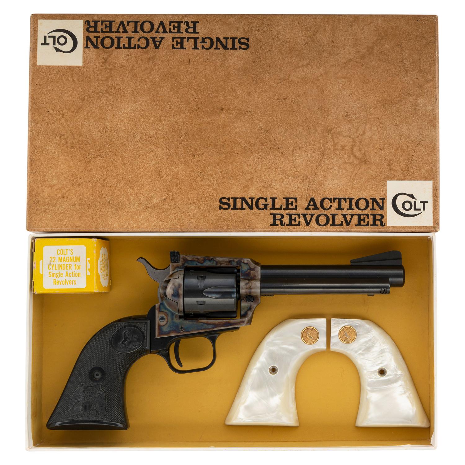 **Colt Dual Cylinder Blued 4.75" New Frontier .22 Revolver in Original Box with Spare .22 Magnum Cylinder and Extra Grips