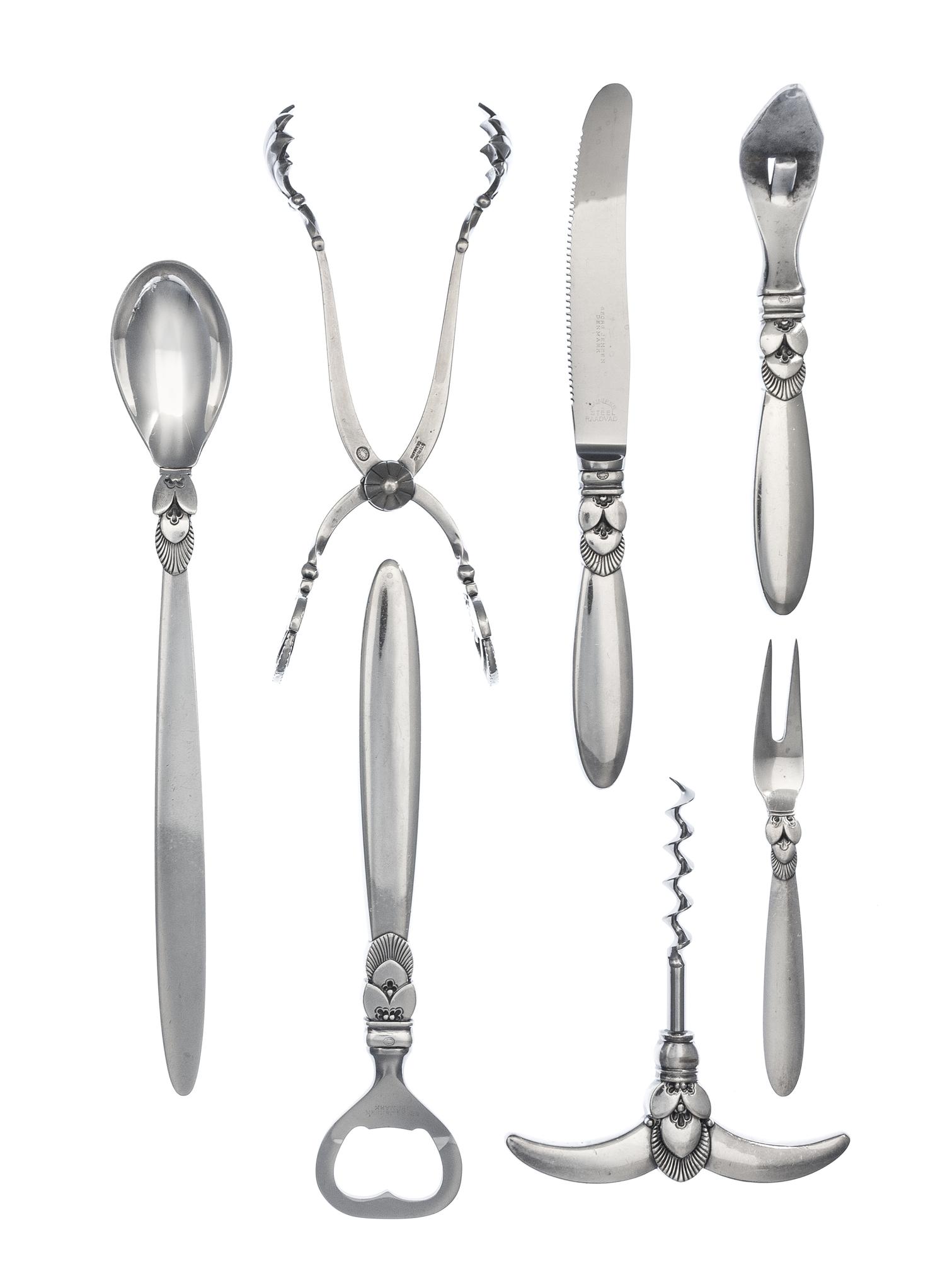 A Danish Silver Bar Service, Georg Jensen Silversmithy, Copenhagen, Second Half 20th Century, Cactus pattern, comprising a mixing spoon