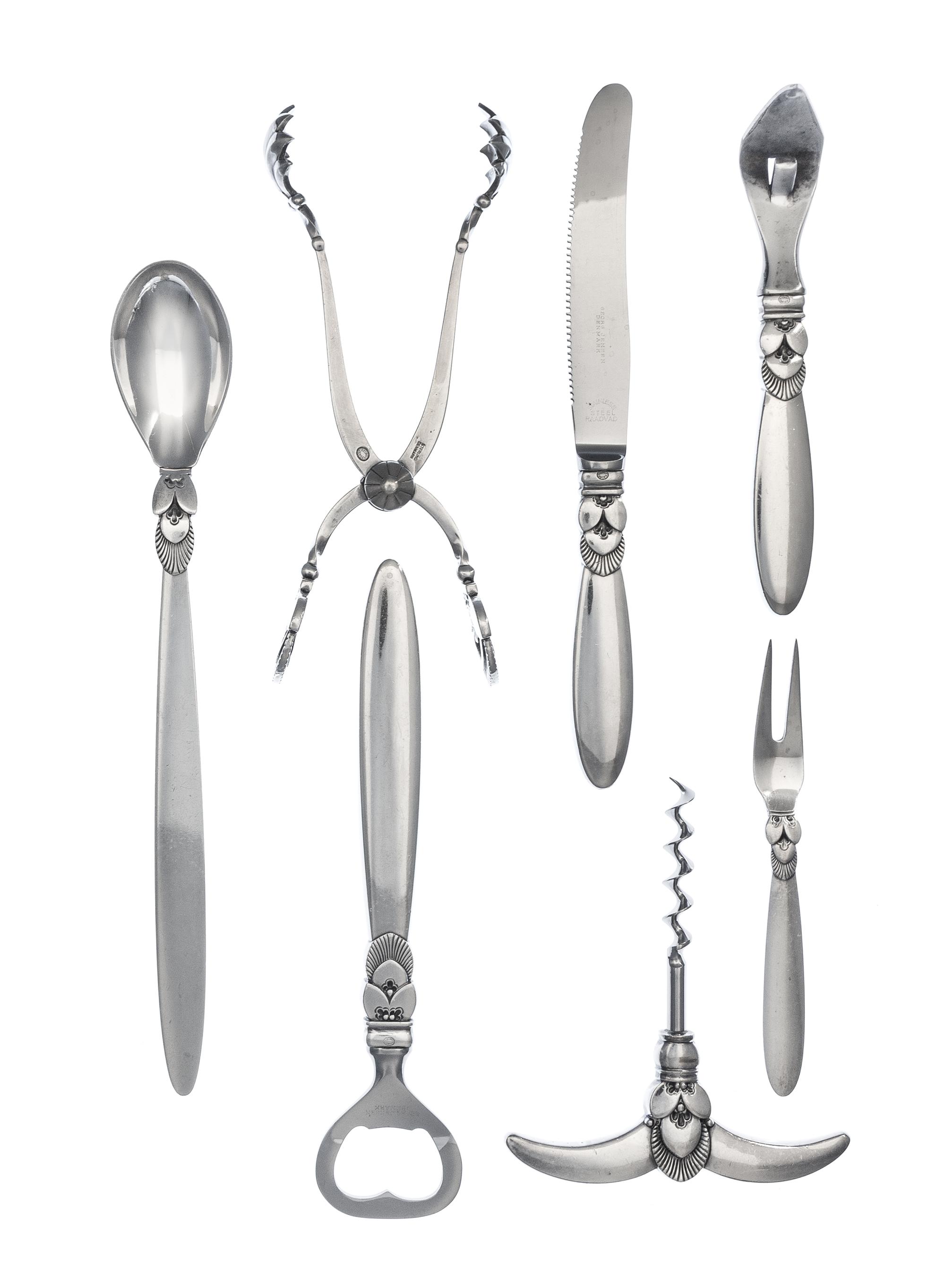 A Danish Silver Bar Service, Georg Jensen Silversmithy, Copenhagen, Second Half 20th Century, Cactus pattern, comprising a mixing spoon
