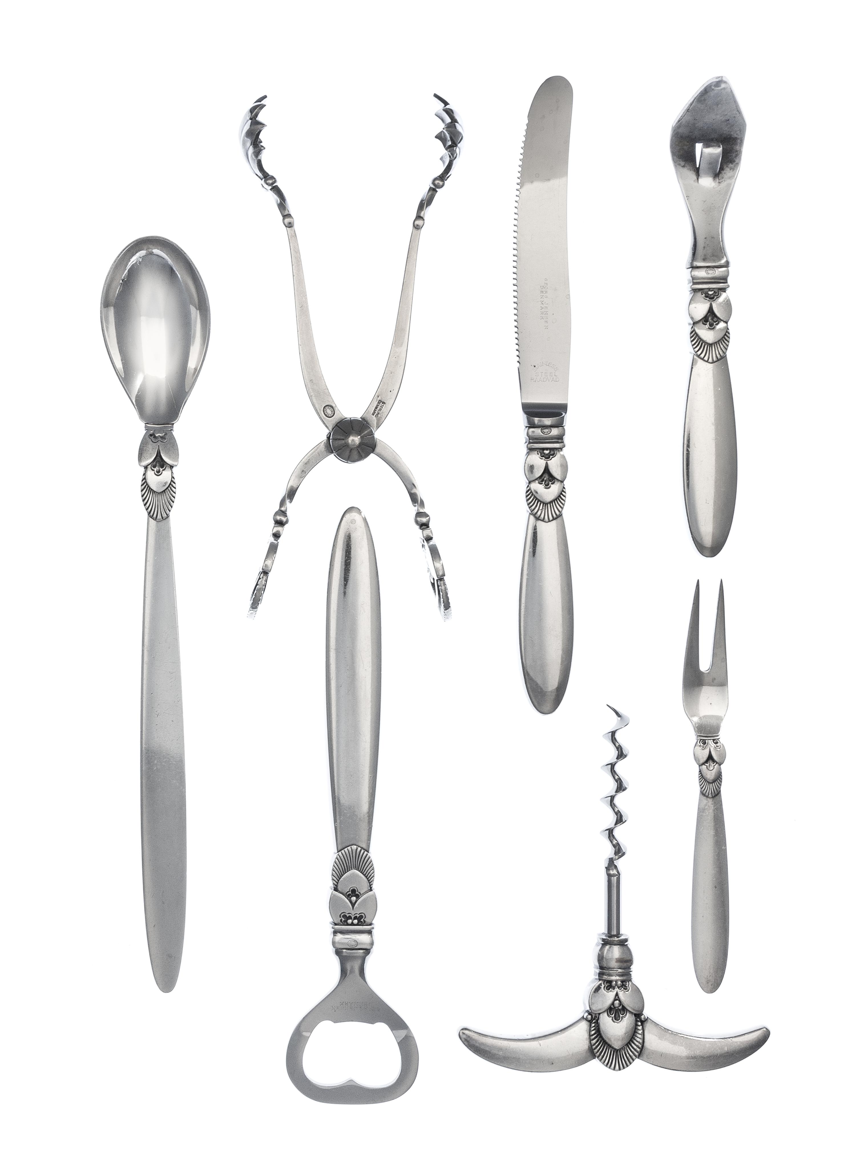 A Danish Silver Bar Service, Georg Jensen Silversmithy, Copenhagen, Second Half 20th Century, Cactus pattern, comprising a mixing spoon