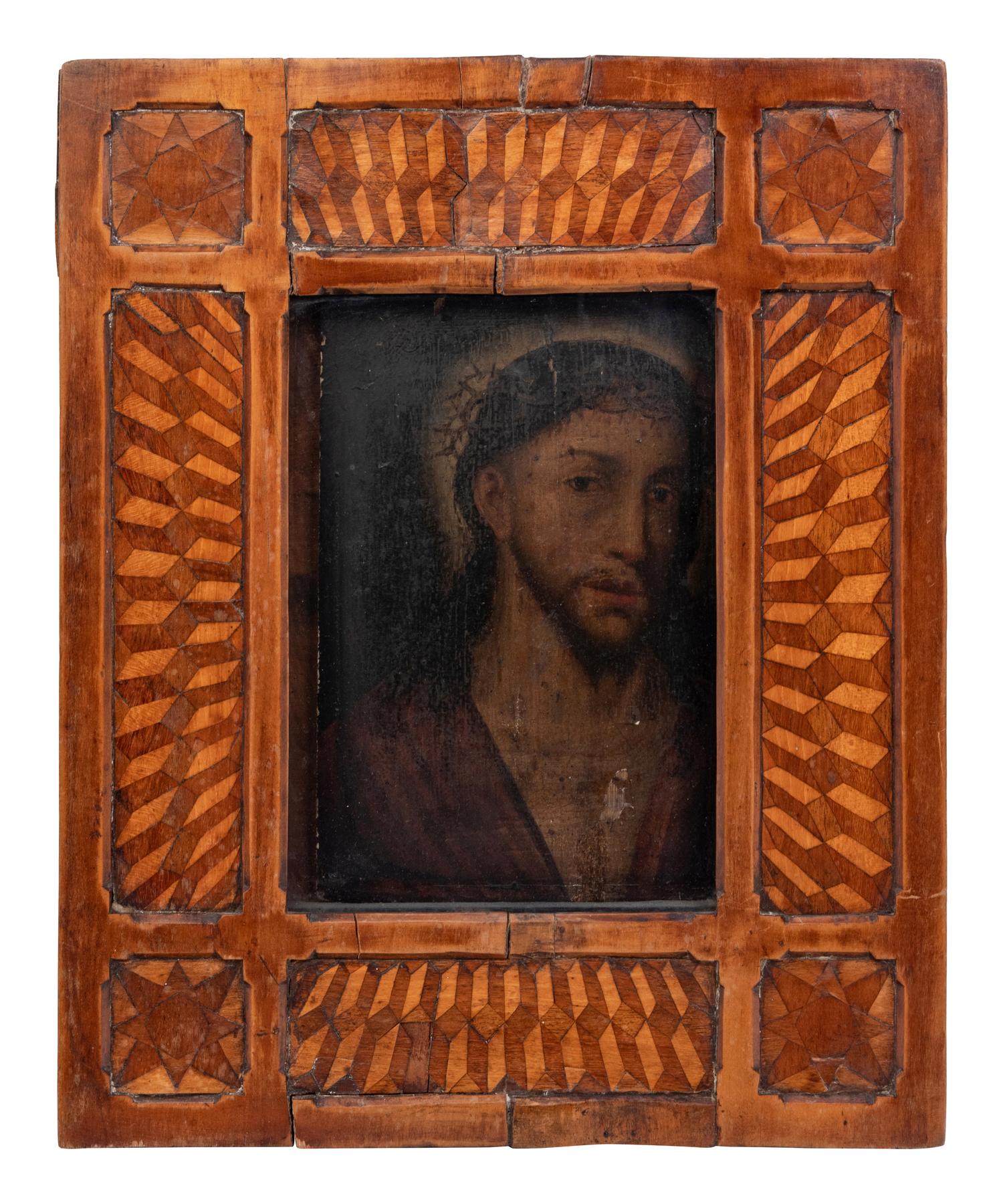 A Continental Icon Depicting Christ in a Parquetry Frame (18th/19th Century
