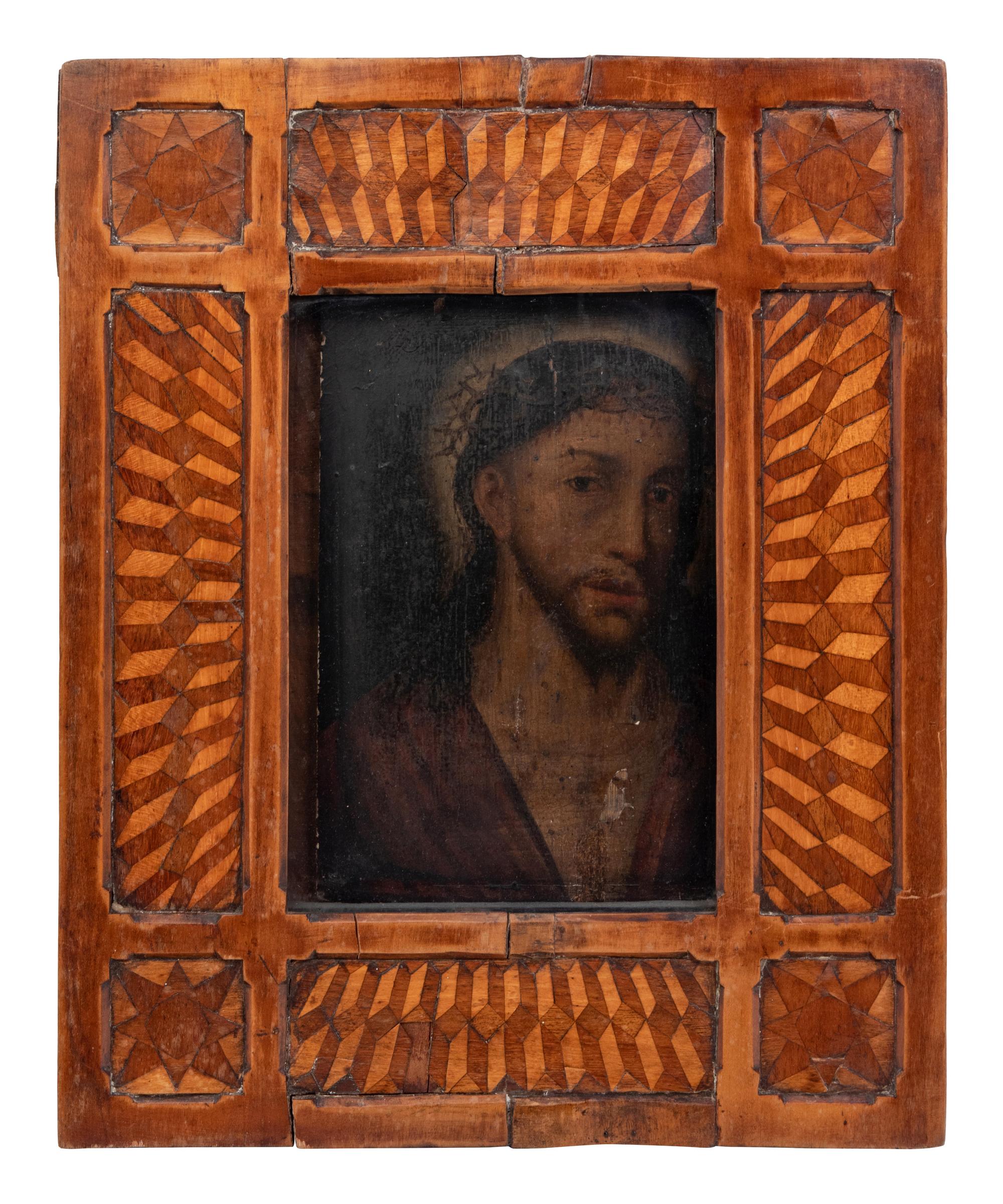 A Continental Icon Depicting Christ in a Parquetry Frame (18th/19th Century
