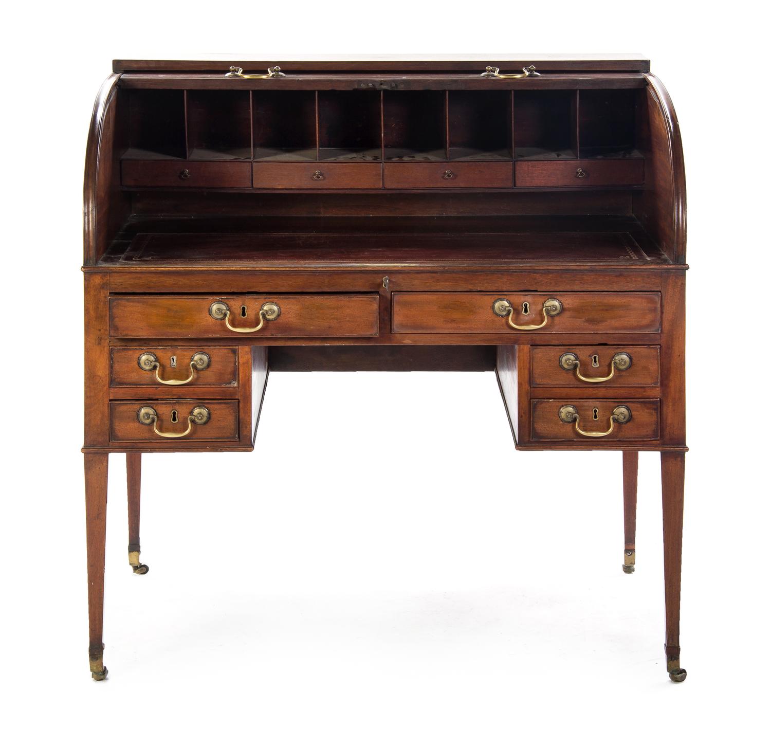 A George III Mahogany Roll Top Desk, Height 43 3/8 x width 42 1/8 x depth 28 inches. — EARLY 19TH CENTURY,