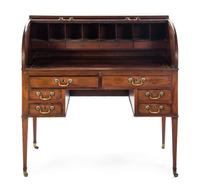 A George III Mahogany Roll Top Desk, Height 43 3/8 x width 42 1/8 x depth 28 inches. — EARLY 19TH CENTURY,