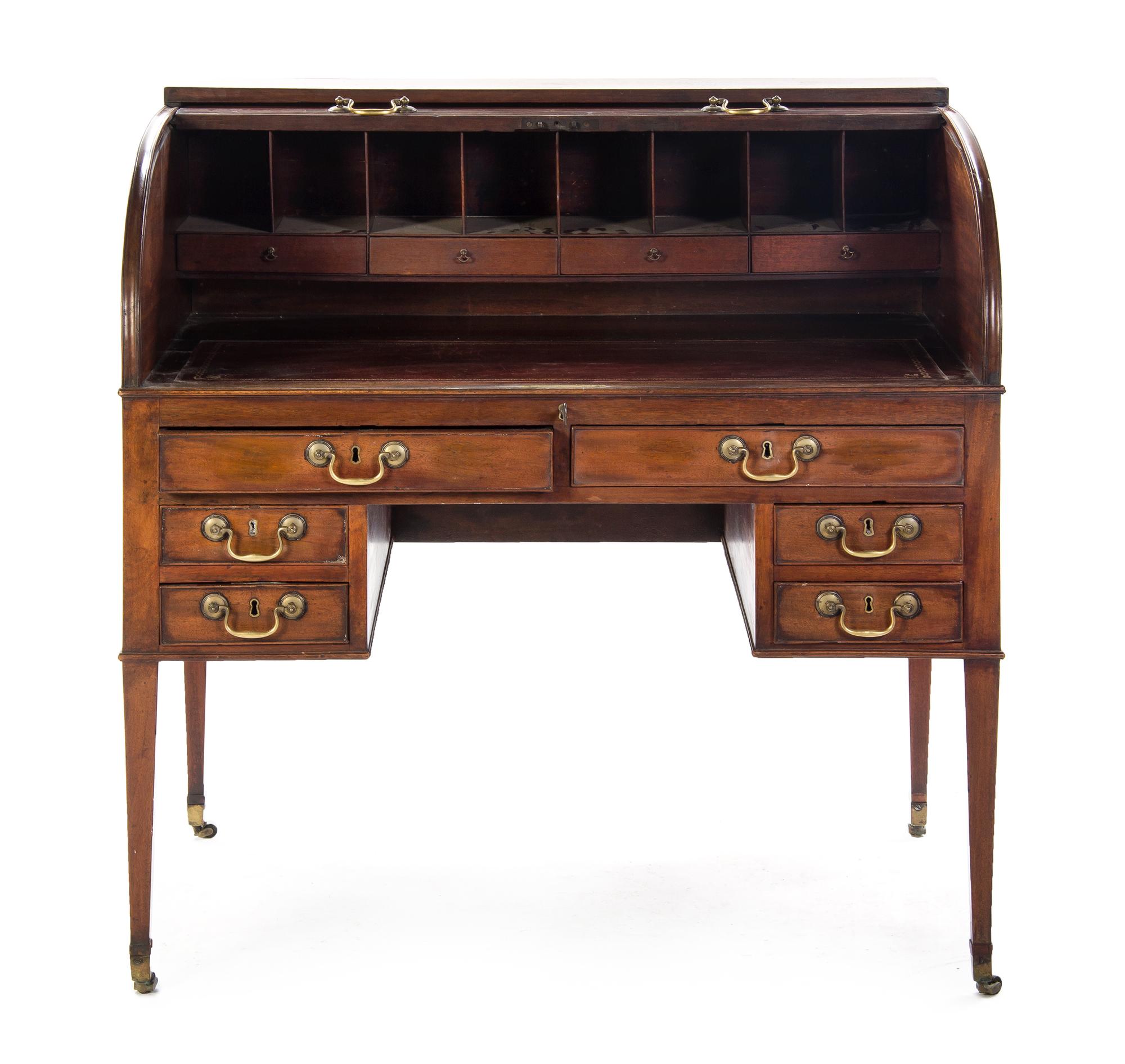 A George III Mahogany Roll Top Desk, Height 43 3/8 x width 42 1/8 x depth 28 inches. — EARLY 19TH CENTURY,