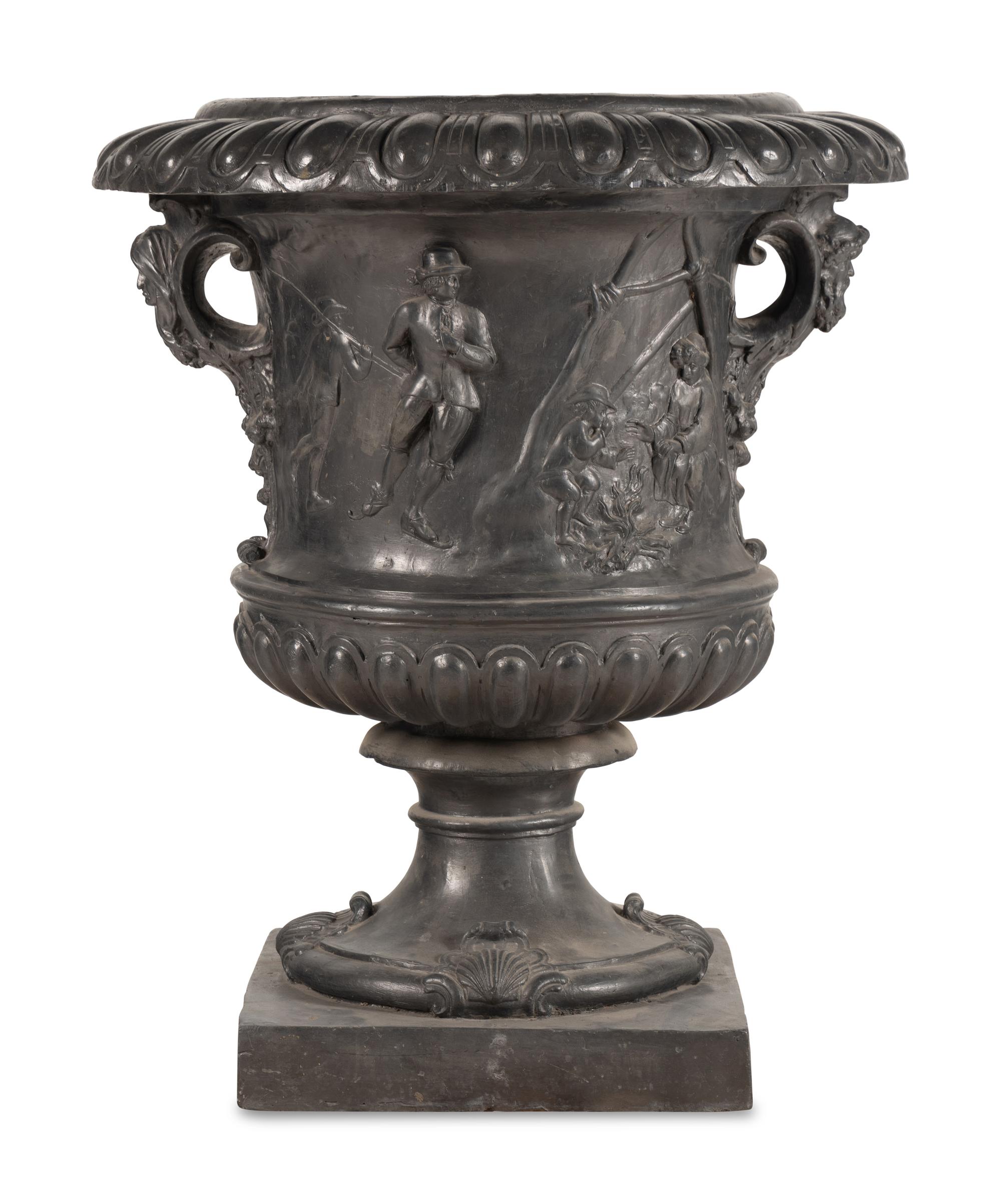 A Pair of English Lead Allegorical Garden Urns