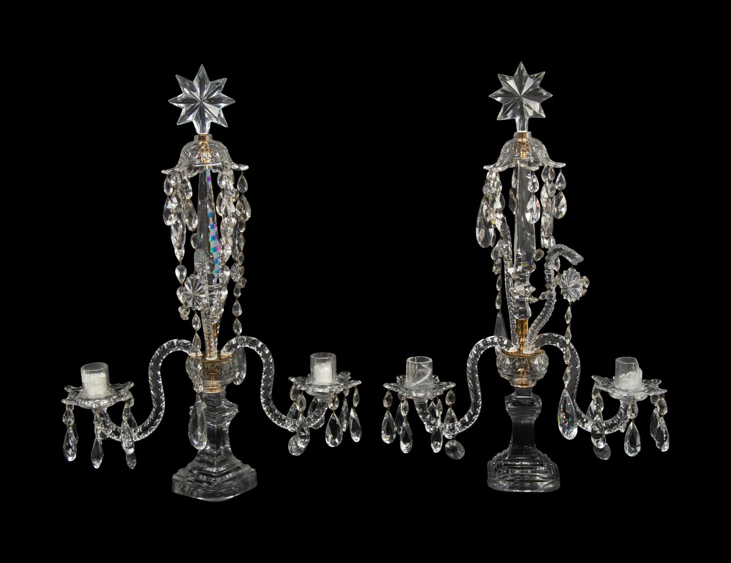 A Pair of English Brass Mounted Cut Glass Two-Light Girandoles