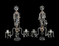 A Pair of English Brass Mounted Cut Glass Two-Light Girandoles