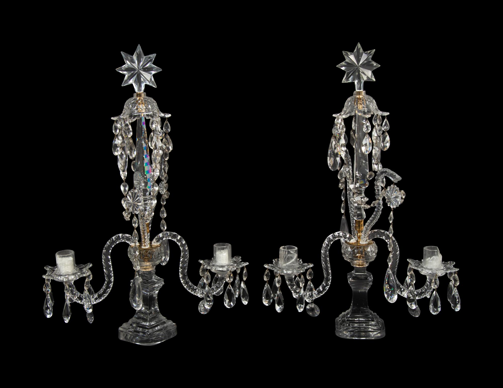 A Pair of English Brass Mounted Cut Glass Two-Light Girandoles