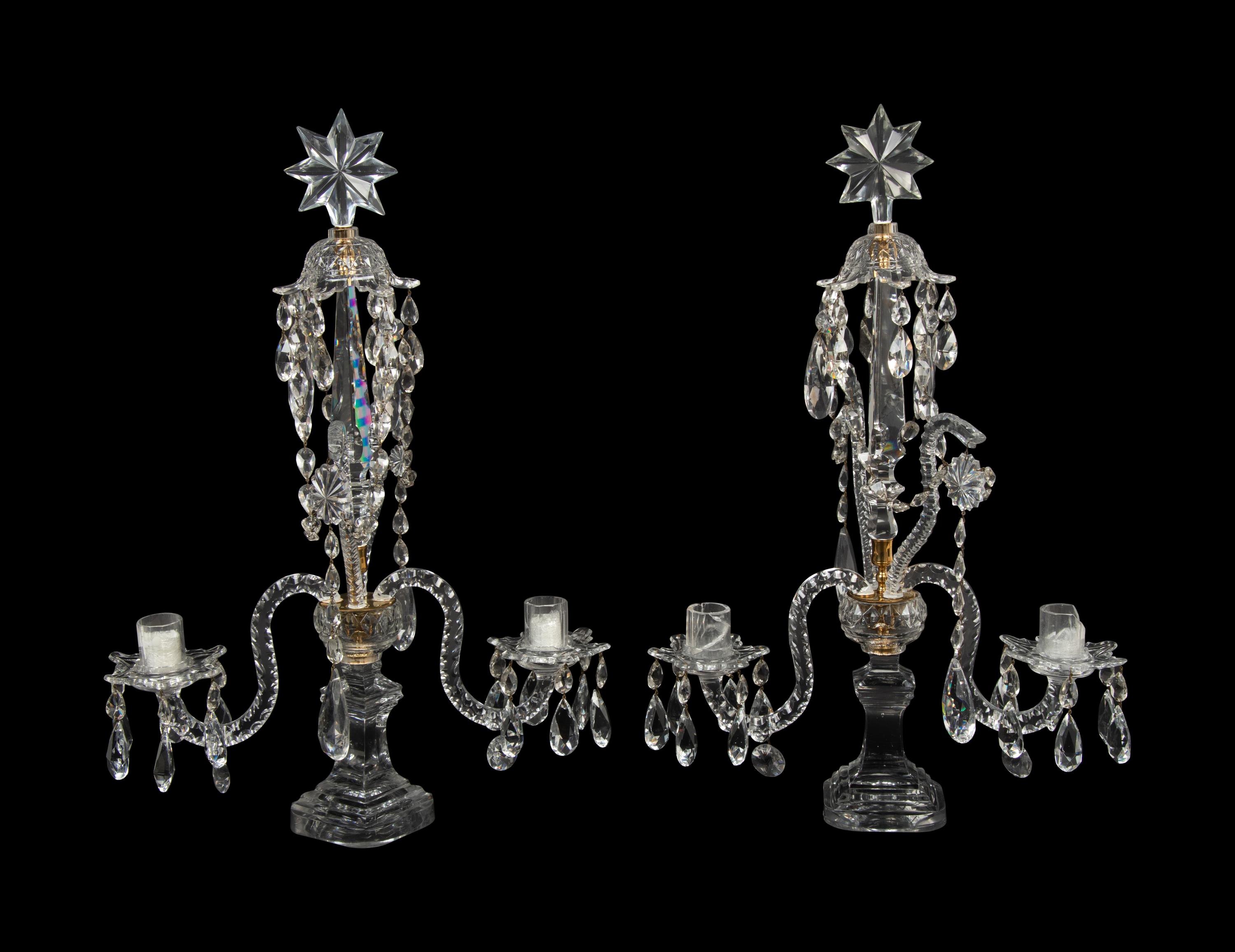 A Pair of English Brass Mounted Cut Glass Two-Light Girandoles