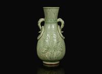 A Chinese celadon-glazed peony-incised vase, Ming to Qing dynasty 青釉刻劃牡丹瓶 明或清