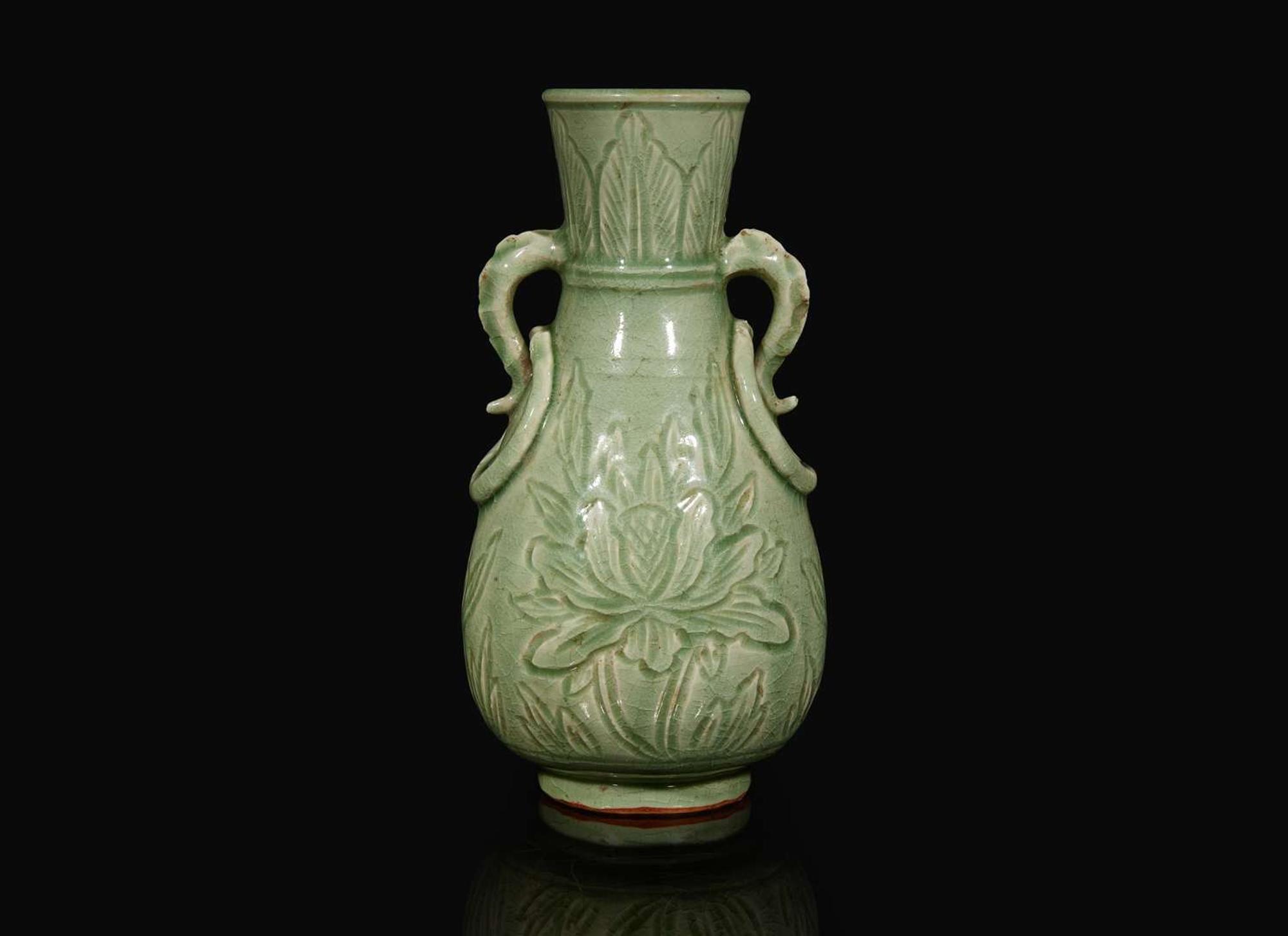 A Chinese celadon-glazed peony-incised vase, Ming to Qing dynasty 青釉刻劃牡丹瓶 明或清