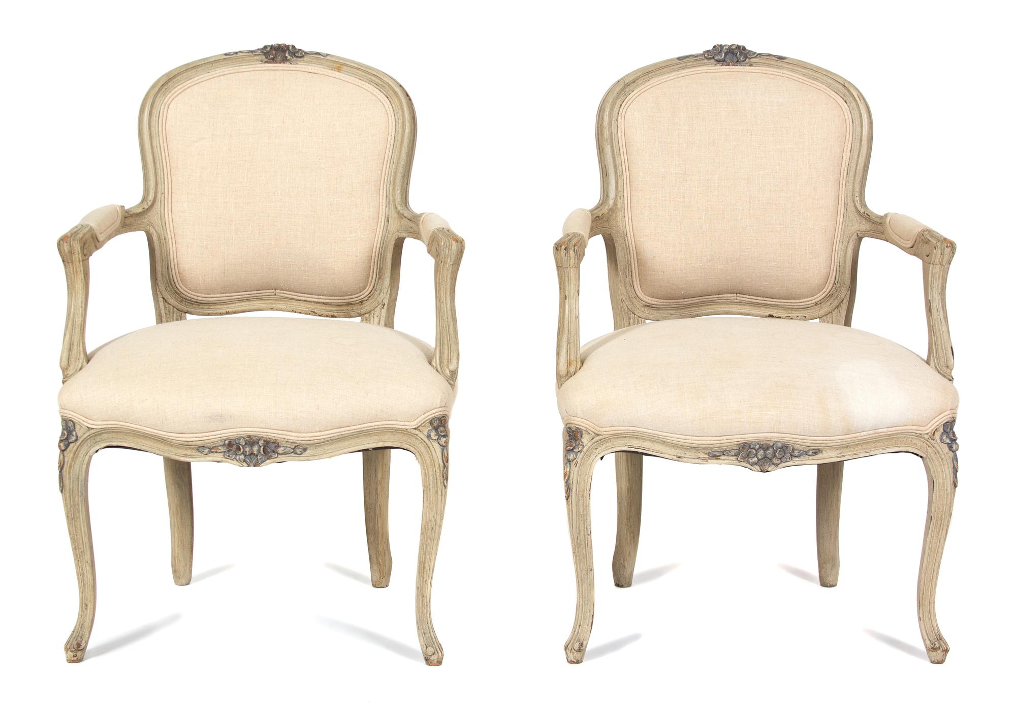 A Pair of Louis XV Style Carved and Painted Fauteuils — 19TH CENTURY