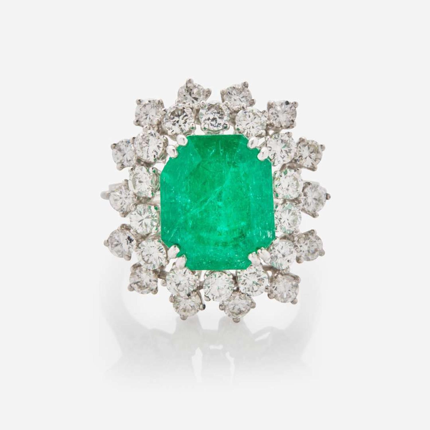 A Platinum, Emerald, and Diamond Ring