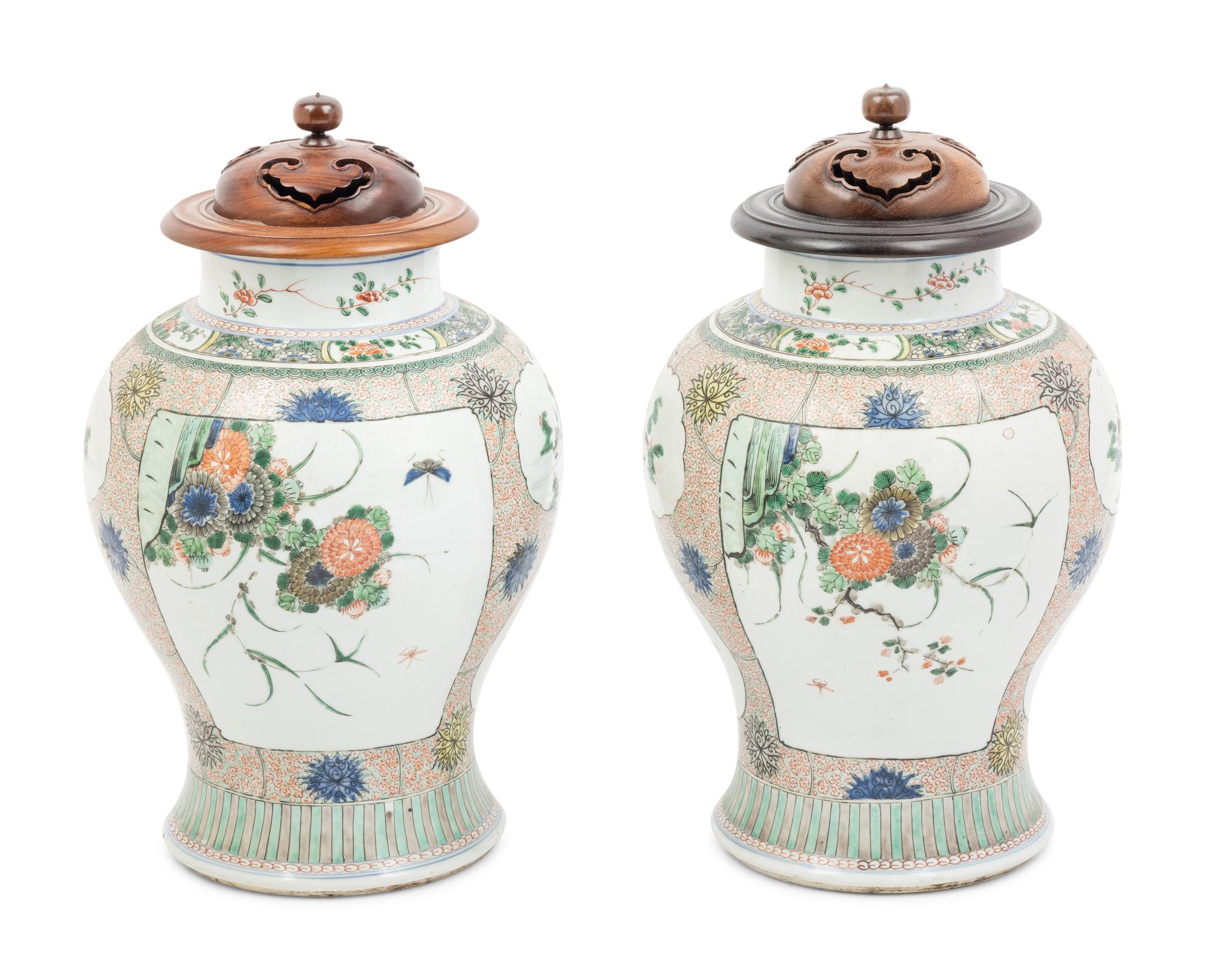A Pair of Famille Verte Porcelain Baluster Jars