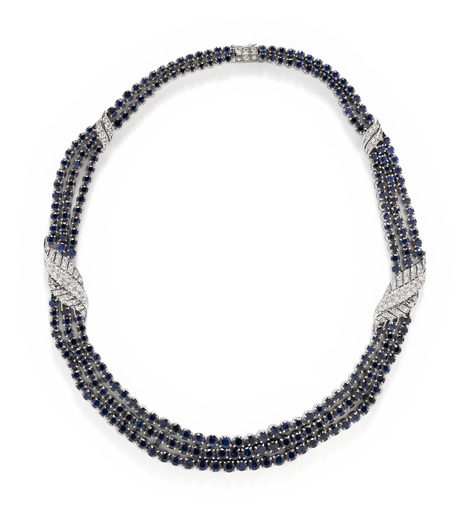 SILVER, SAPPHIRE AND DIAMOND NECKLACE