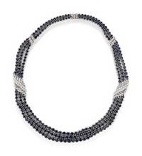 SILVER, SAPPHIRE AND DIAMOND NECKLACE