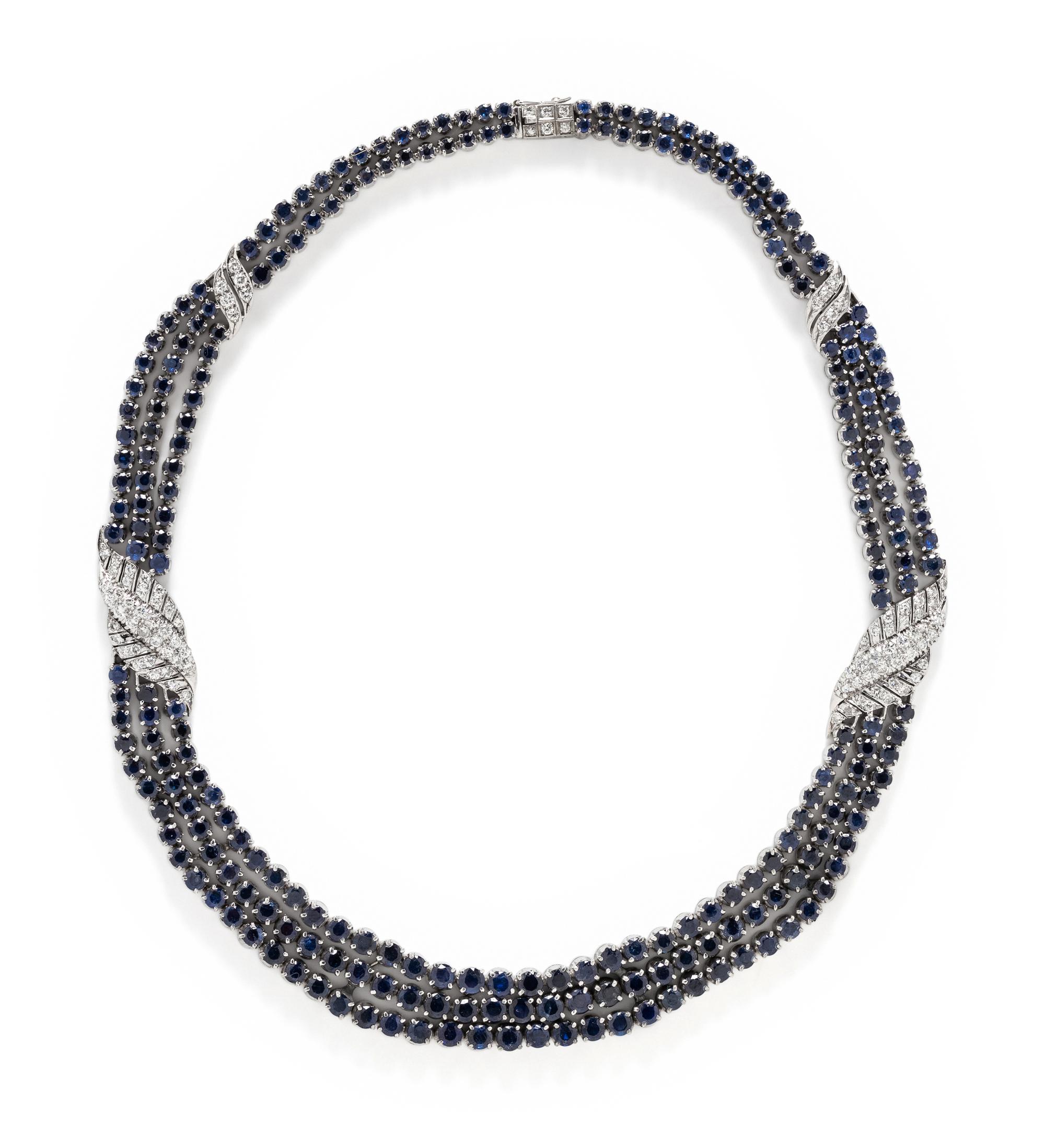 SILVER, SAPPHIRE AND DIAMOND NECKLACE
