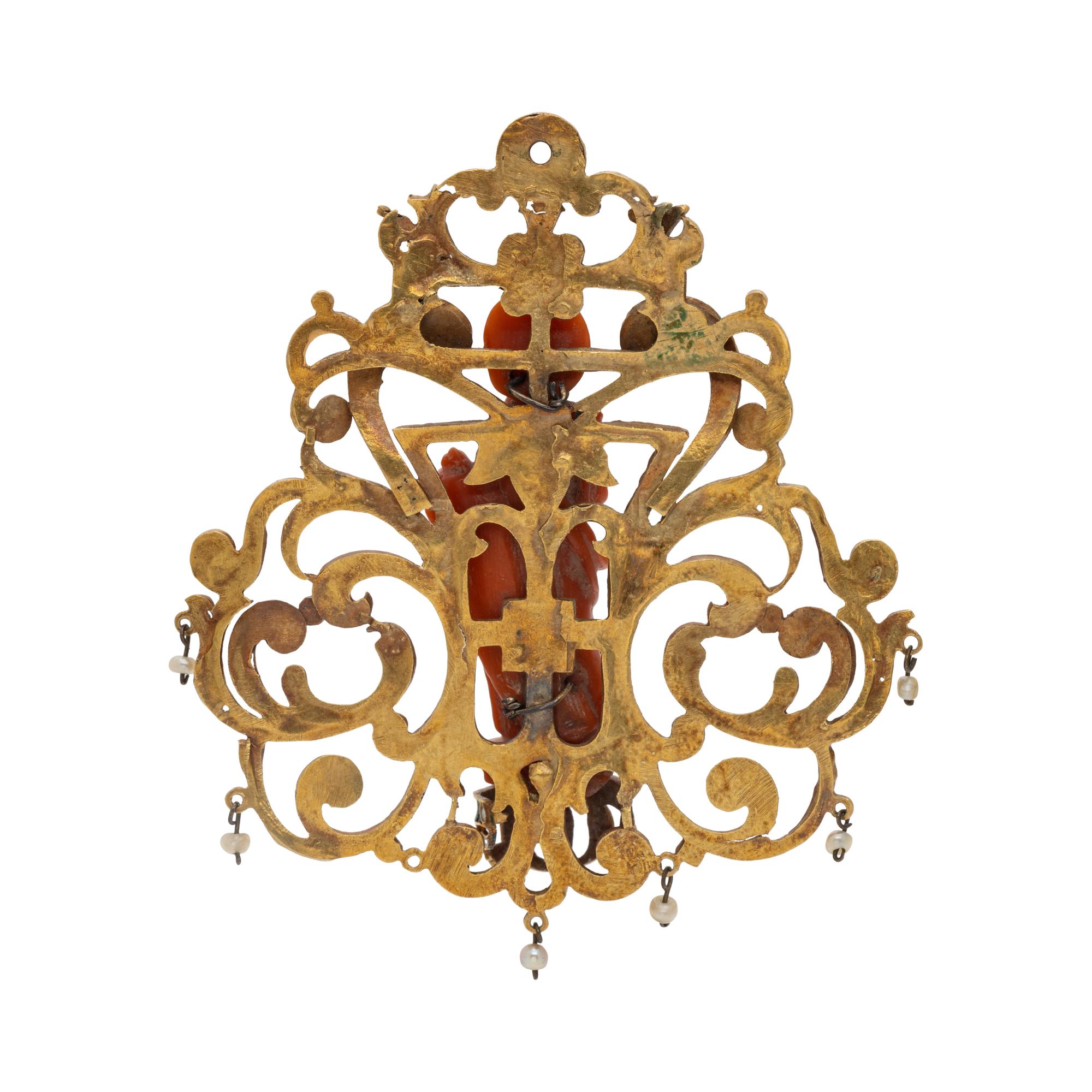 RENAISSANCE, CORAL, SEED PEARL AND POLYCHROME ENAMEL PENDANT