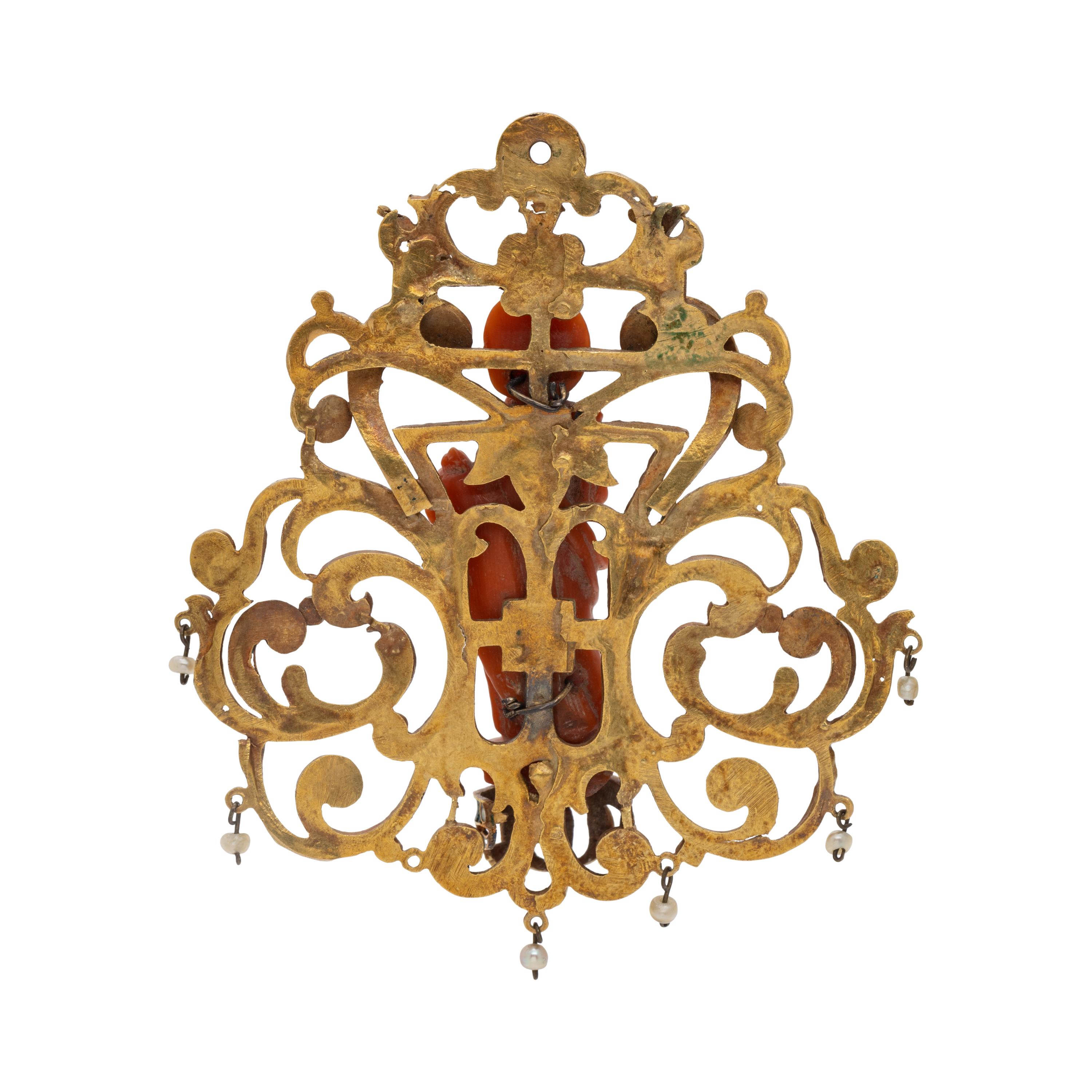 RENAISSANCE, CORAL, SEED PEARL AND POLYCHROME ENAMEL PENDANT