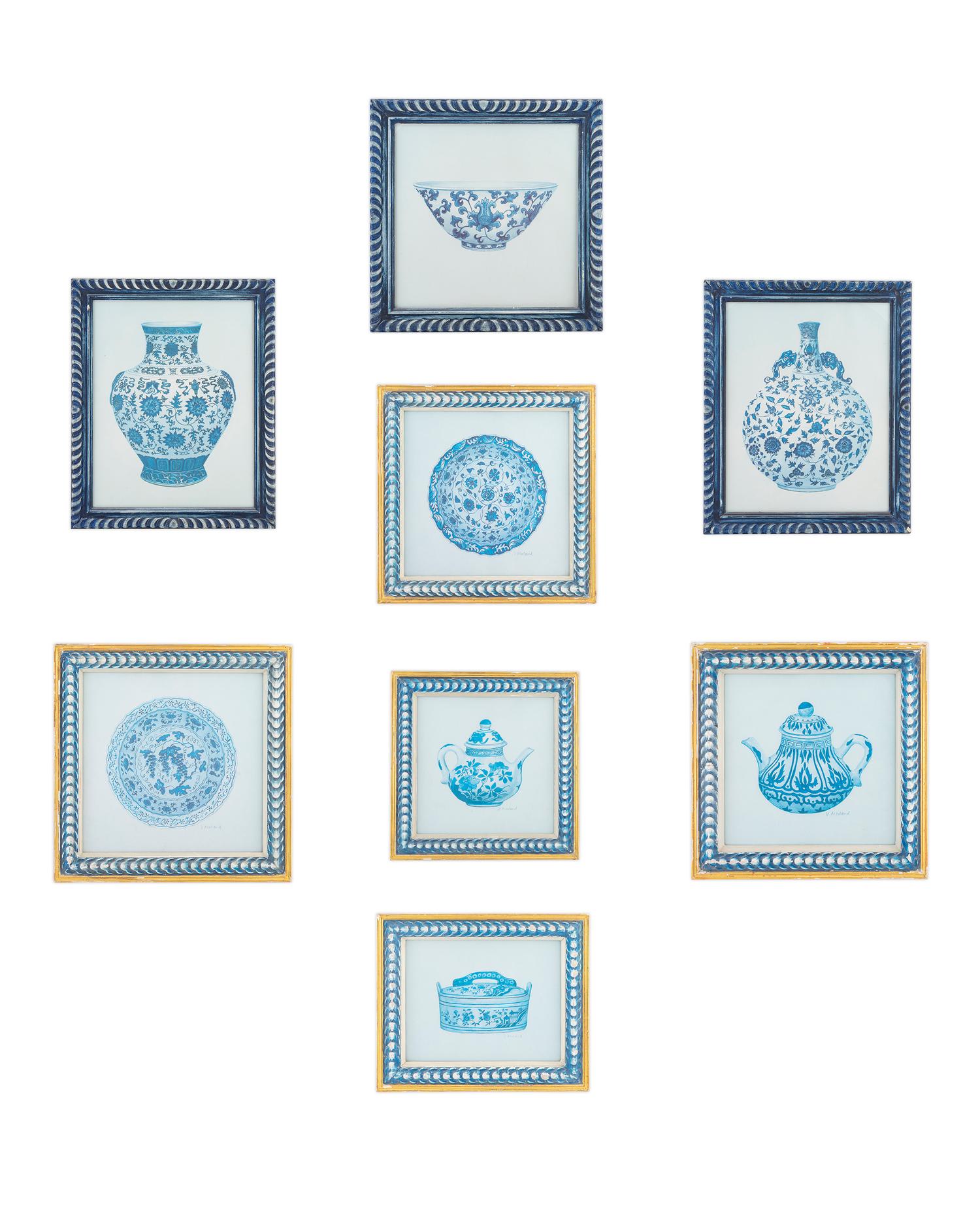 A Set of Eight Framed Works Depicting Chinese Blue and White Chinese Vases — 20TH CENTURY