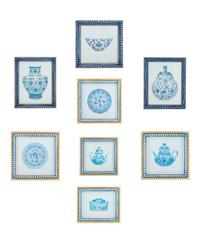 A Set of Eight Framed Works Depicting Chinese Blue and White Chinese Vases — 20TH CENTURY
