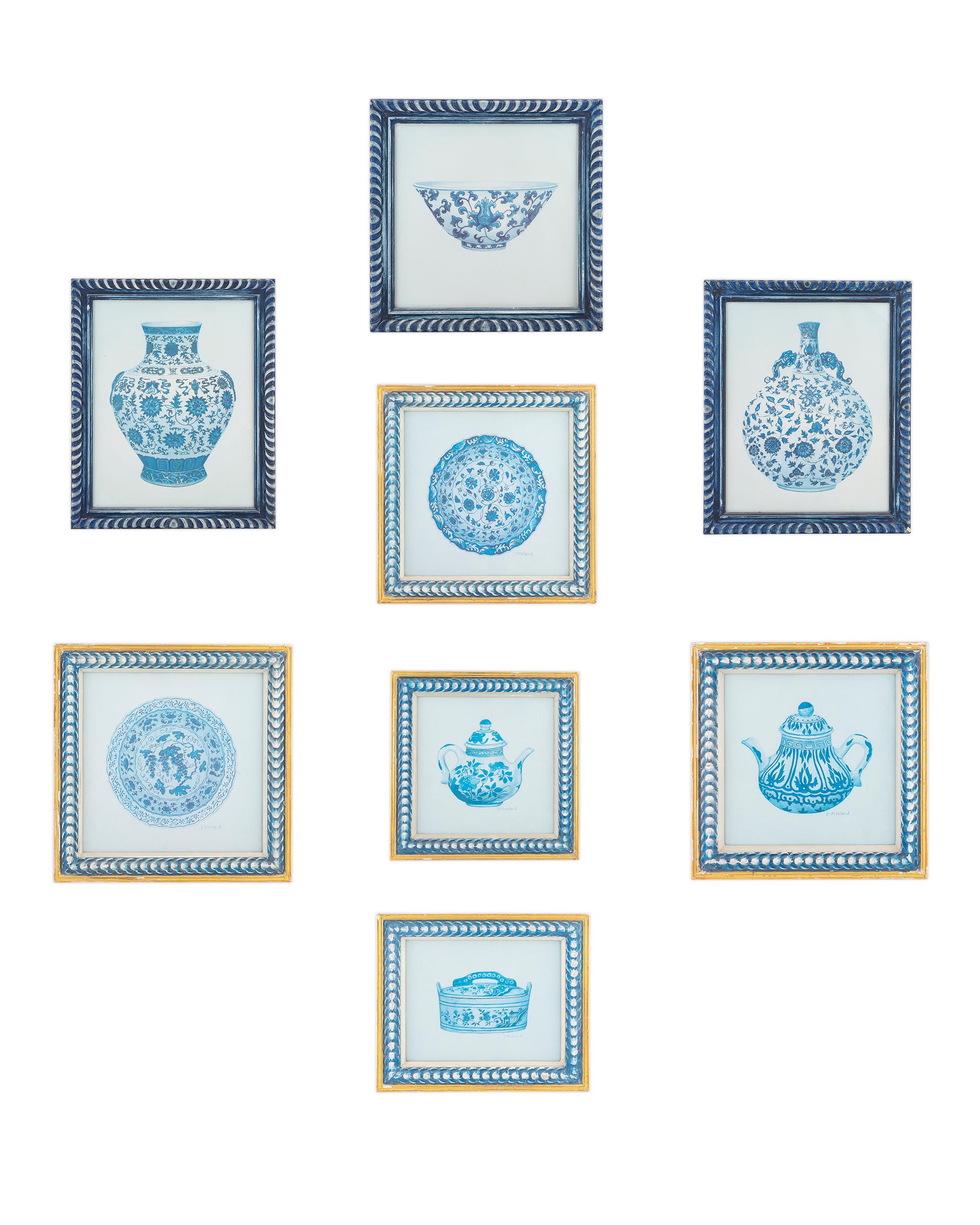 A Set of Eight Framed Works Depicting Chinese Blue and White Chinese Vases — 20TH CENTURY