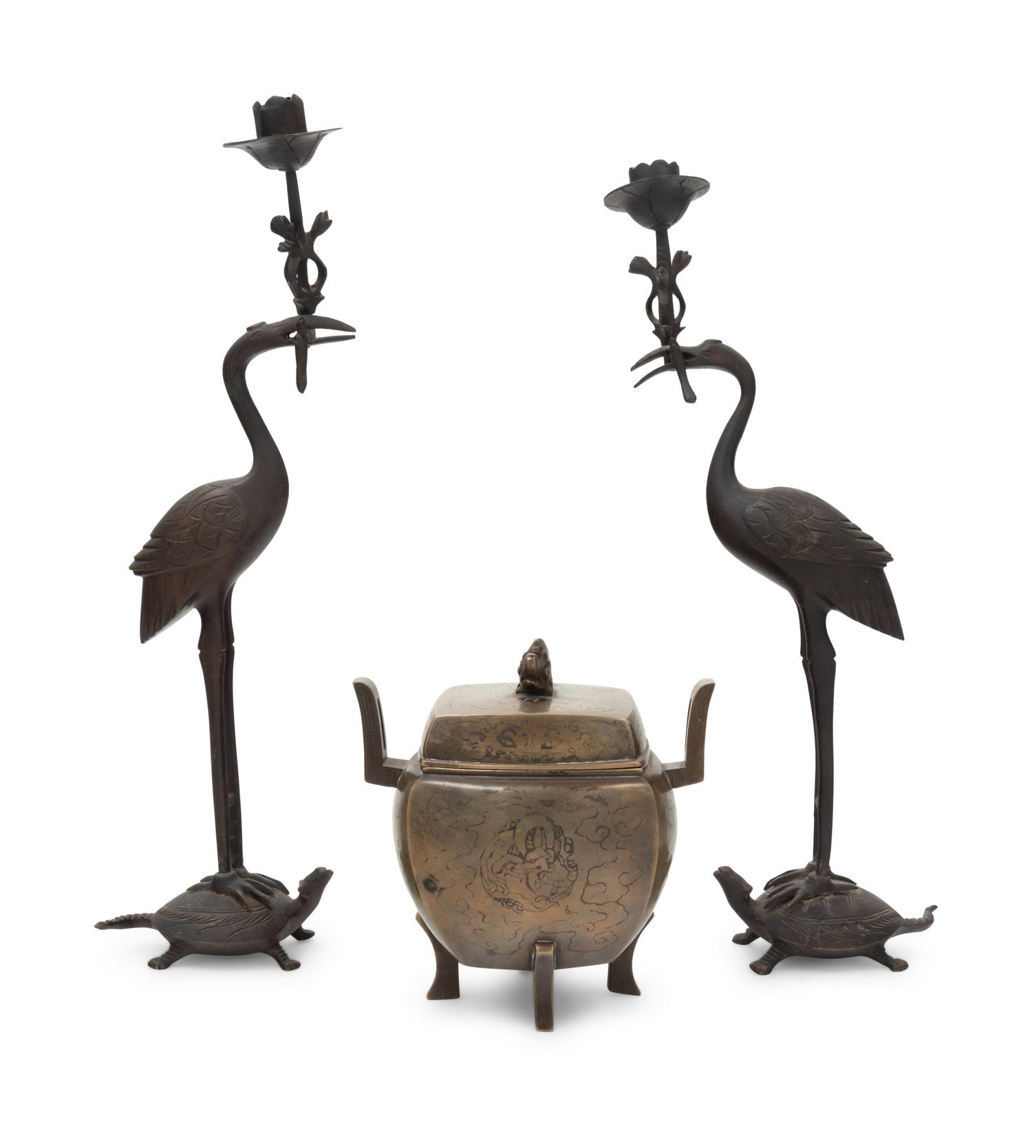 A Japanese Bronze Incense Burner and A Pair of Crane-Form Candle Holders