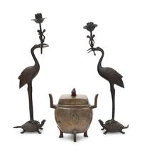 A Japanese Bronze Incense Burner and A Pair of Crane-Form Candle Holders