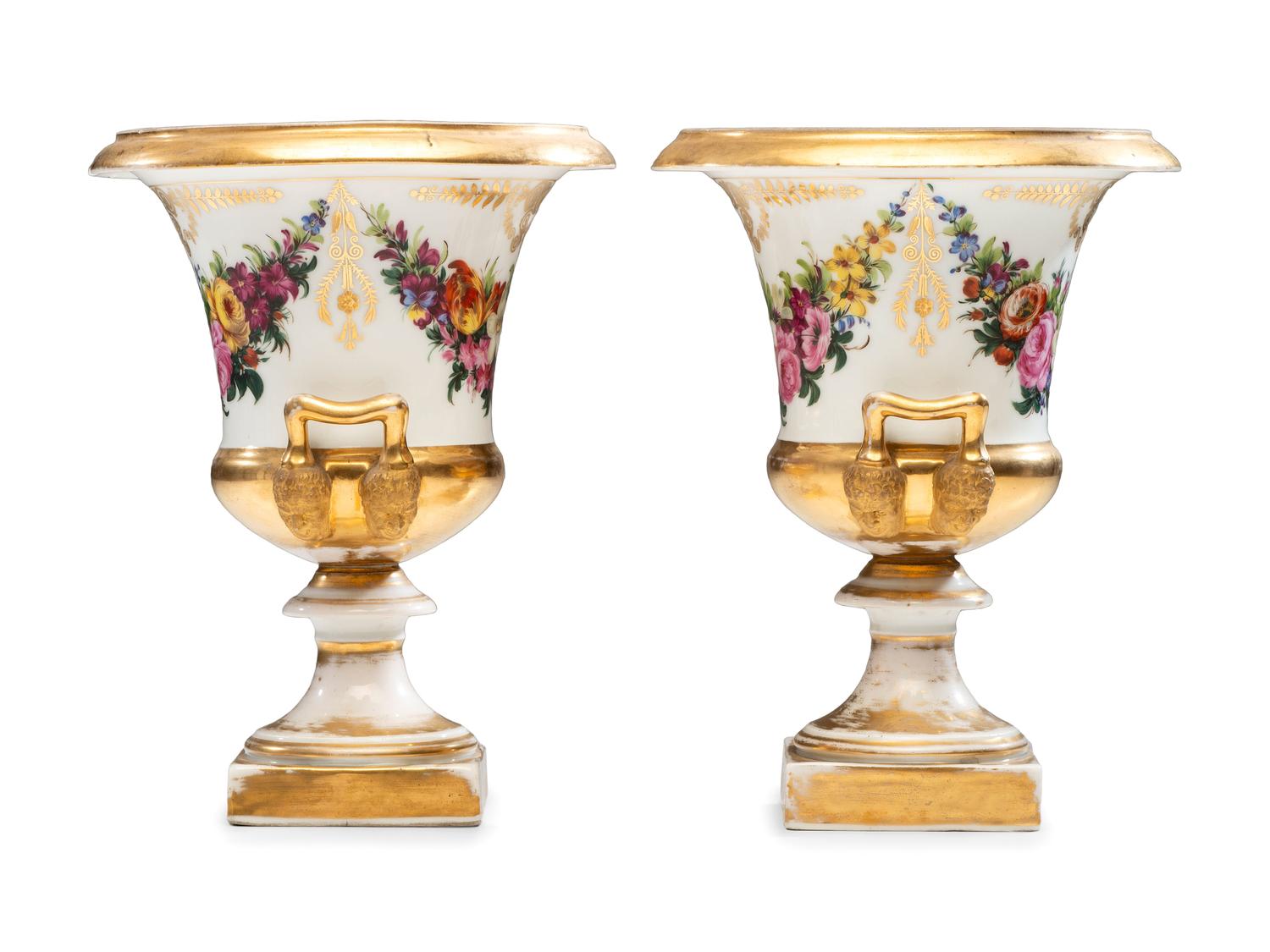 A Pair of Parcel Gilt and Polychrome Decorated Porcelain Vases