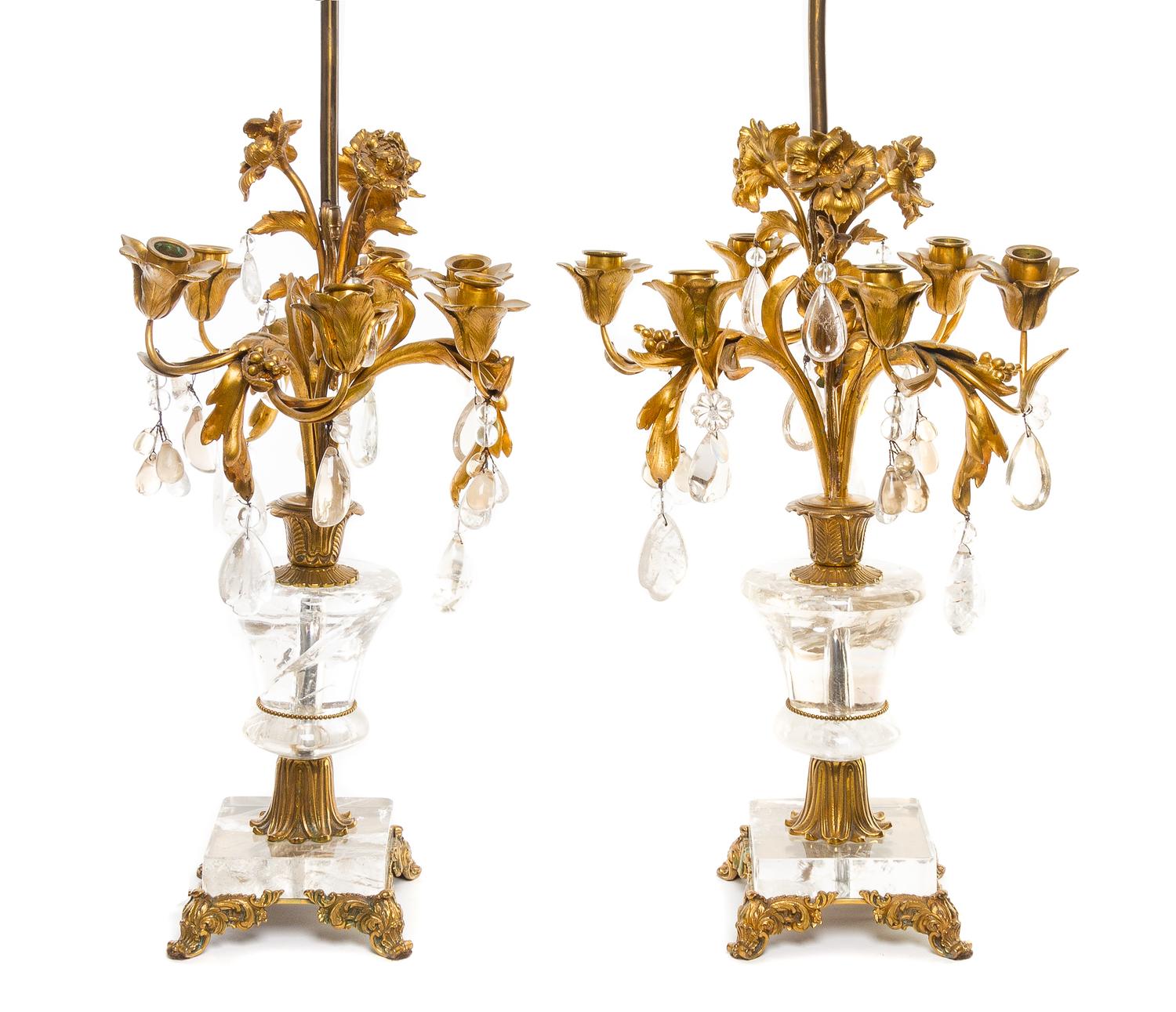 A Pair of French Gilt Bronze and Rock Crystal Six-Light Candelabra Height 32 inches. — 20TH CENTURY