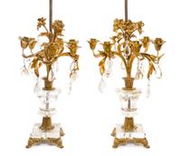 A Pair of French Gilt Bronze and Rock Crystal Six-Light Candelabra Height 32 inches. — 20TH CENTURY