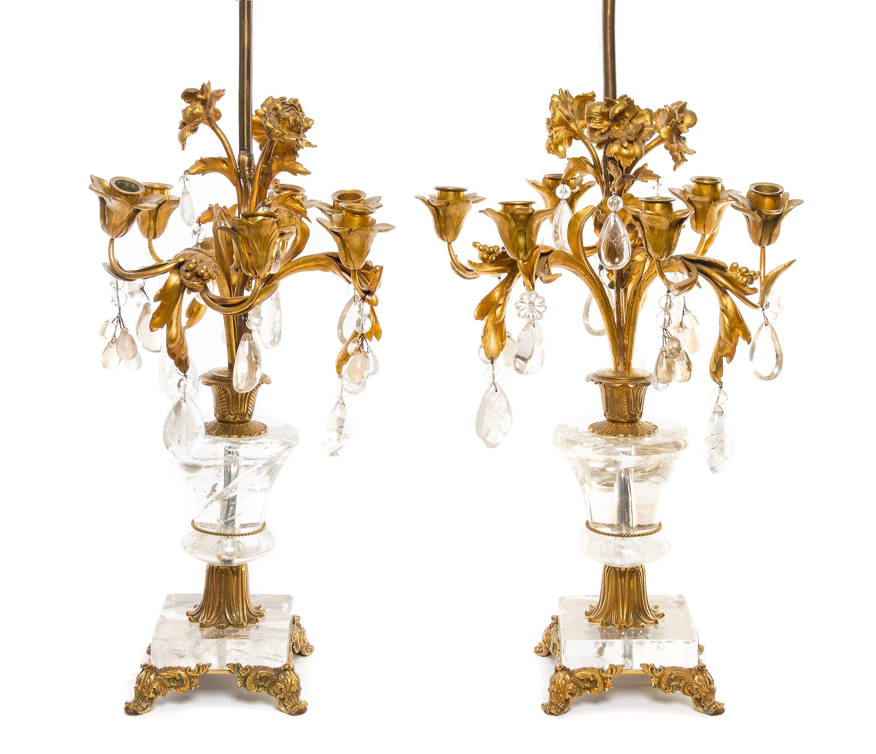 A Pair of French Gilt Bronze and Rock Crystal Six-Light Candelabra Height 32 inches. — 20TH CENTURY