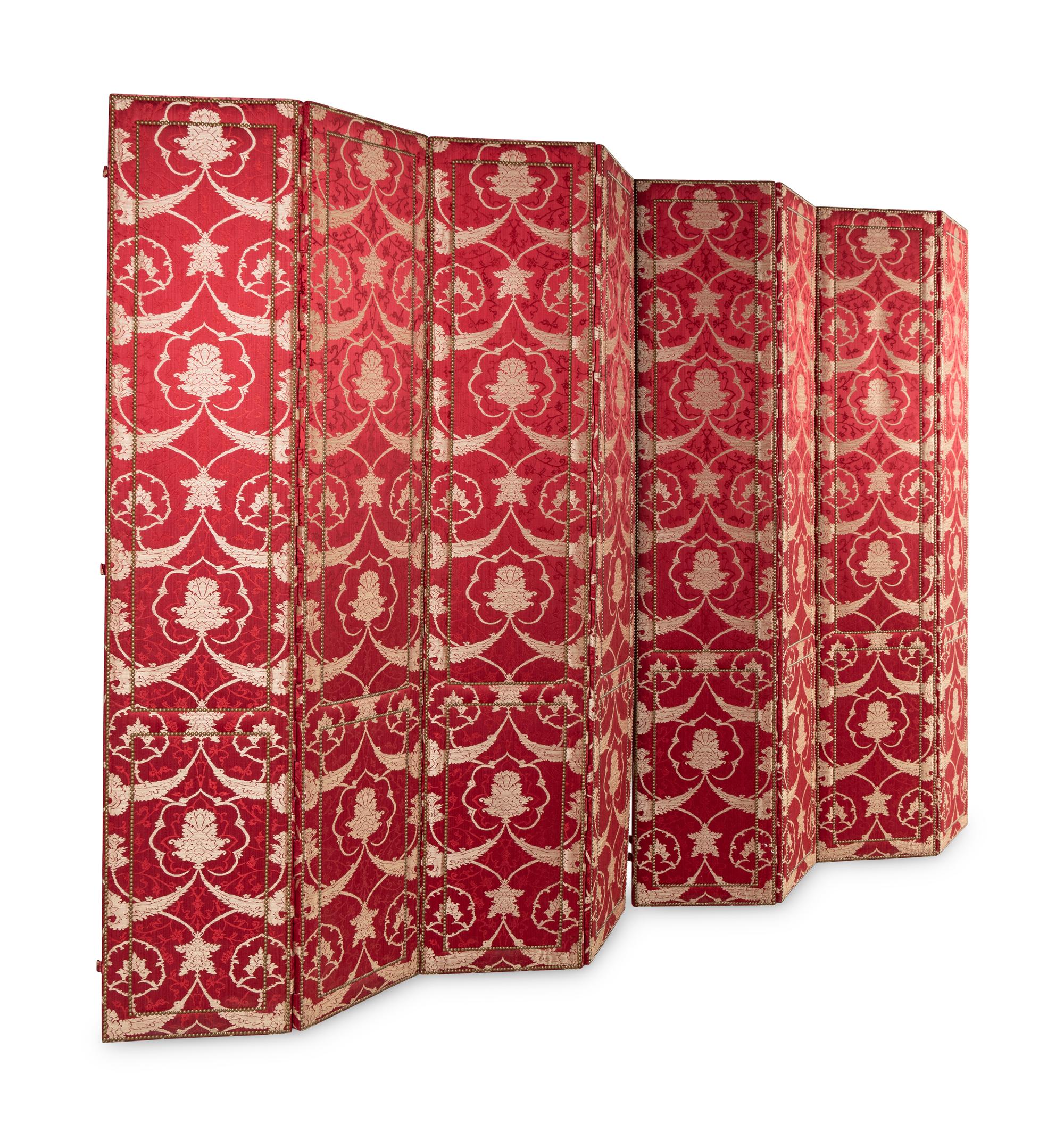 A Pair of Custom Damask-Upholstered Four-Panel Screens