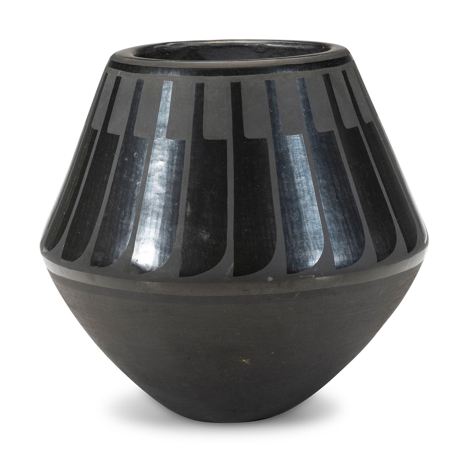 Blackware Pottery Jar, with Repeating Feathers