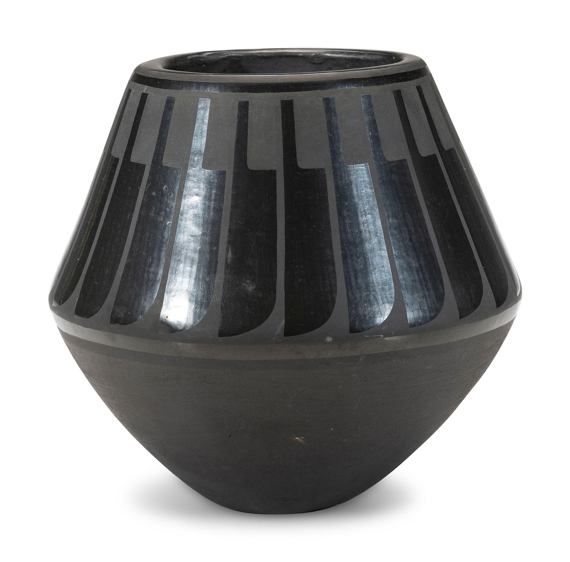 Blackware Pottery Jar, with Repeating Feathers